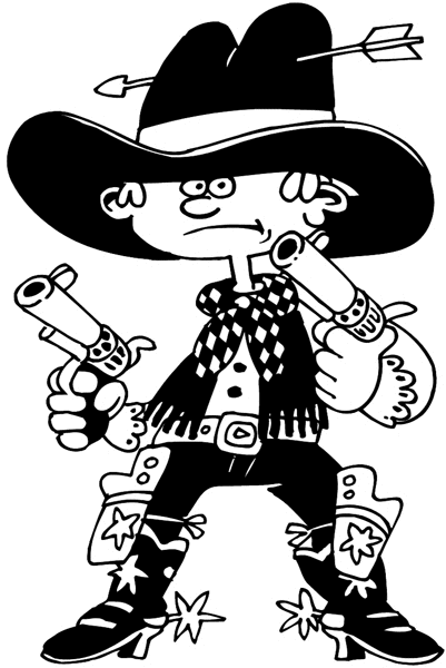 Little gun toting cowboy with arrow thru hat vinyl decal. Customize on line.       Children 020-0247  